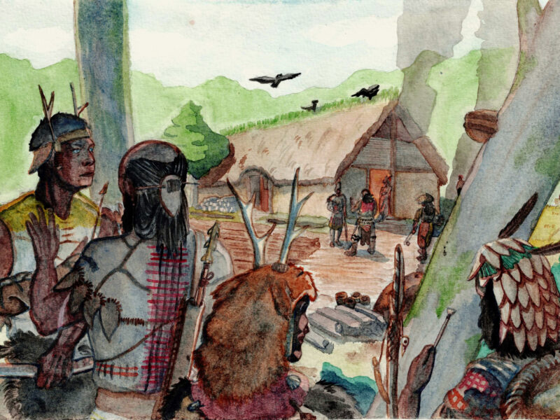 Aquarelle : scène de village protohistorique, personnages devant une maison au toit de chaume