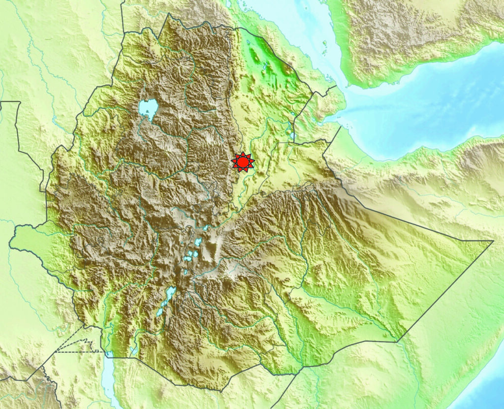 Carte en relief de l’Éthiopie situant le Moyen Awash