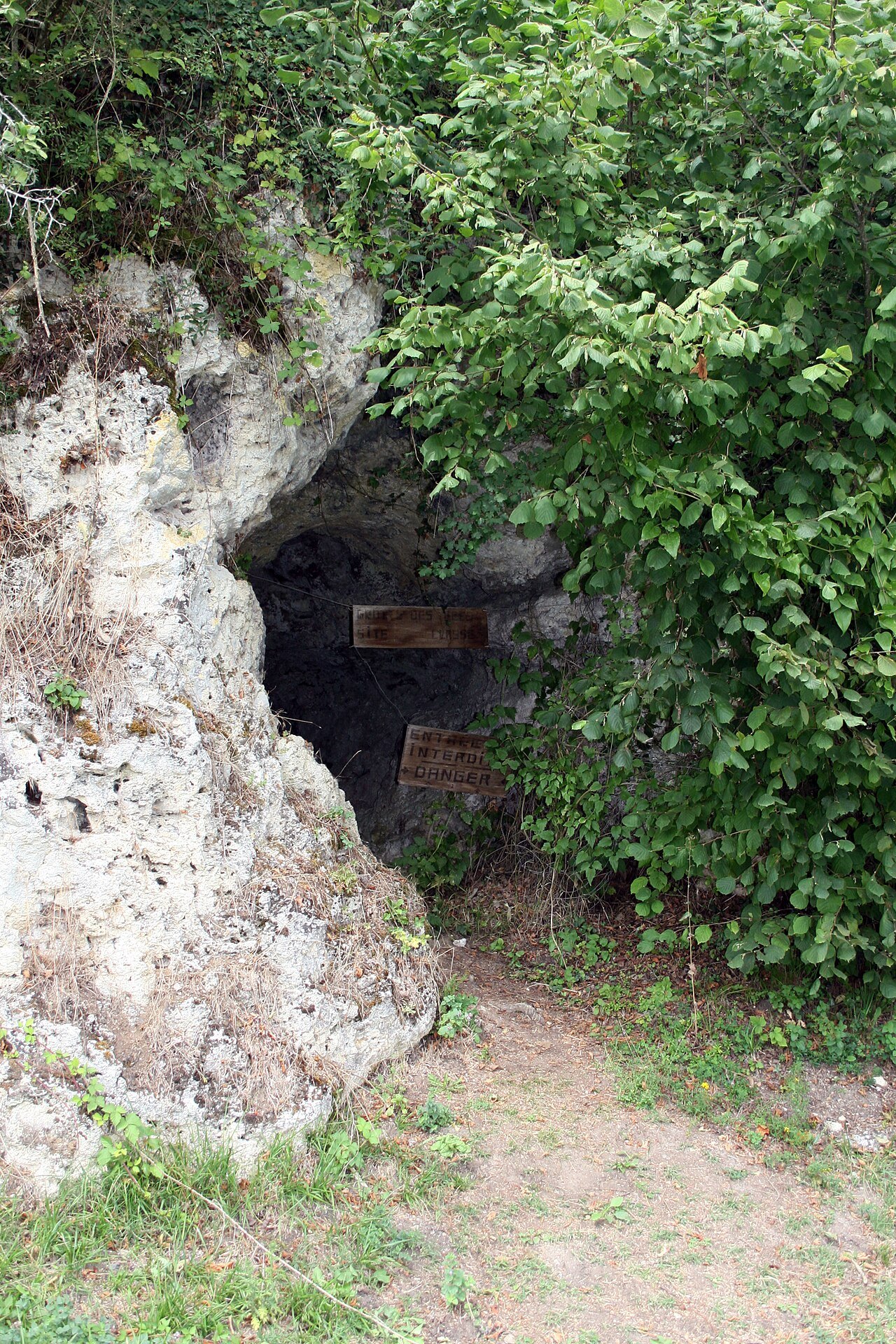 Vue de la grotte des Fées, abri préhistorique à Châtelperron (Allier).