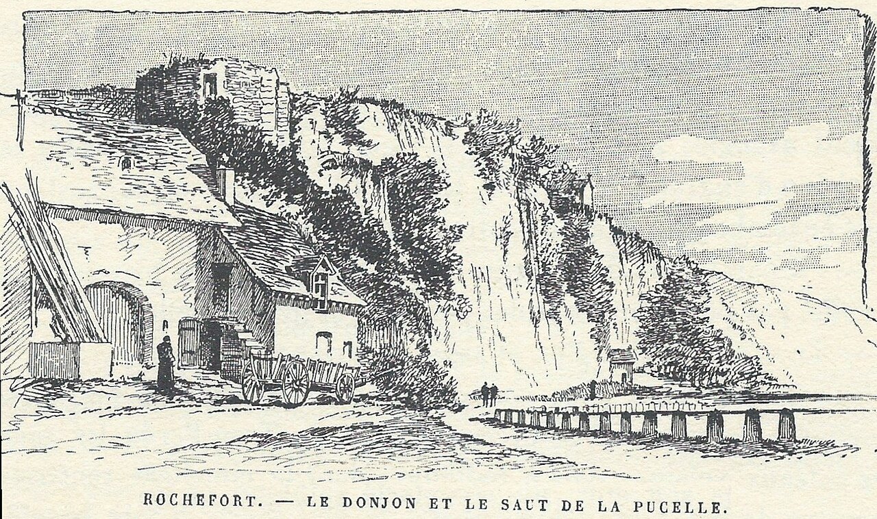 Gravure ancienne du donjon et du « saut de la Pucelle », la falaise de Rochefort-sur-Nenon abritant la grotte.