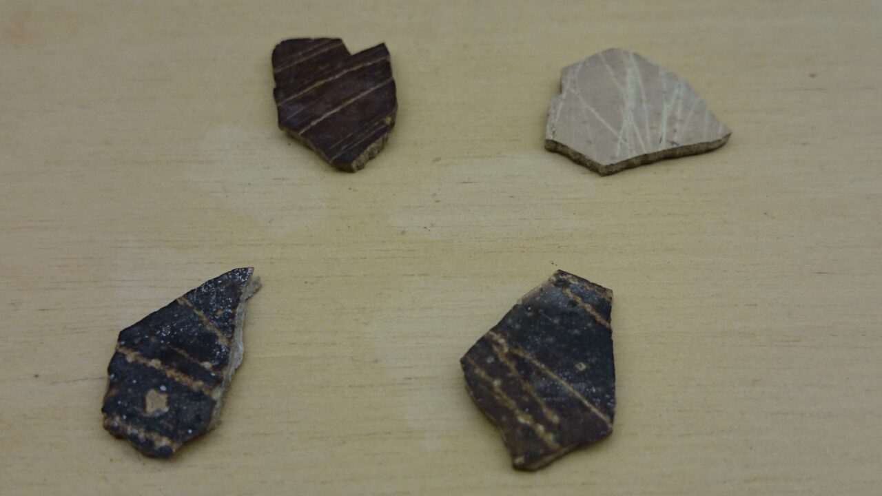 Coquilles d’œuf d’autruche gravées de motifs géométriques, Diepkloof, Afrique du Sud (vers 60 000 ans).