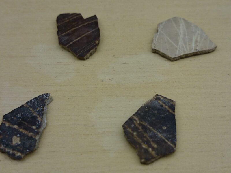 Coquilles d’œuf d’autruche gravées de motifs géométriques, Diepkloof, Afrique du Sud (vers 60 000 ans).