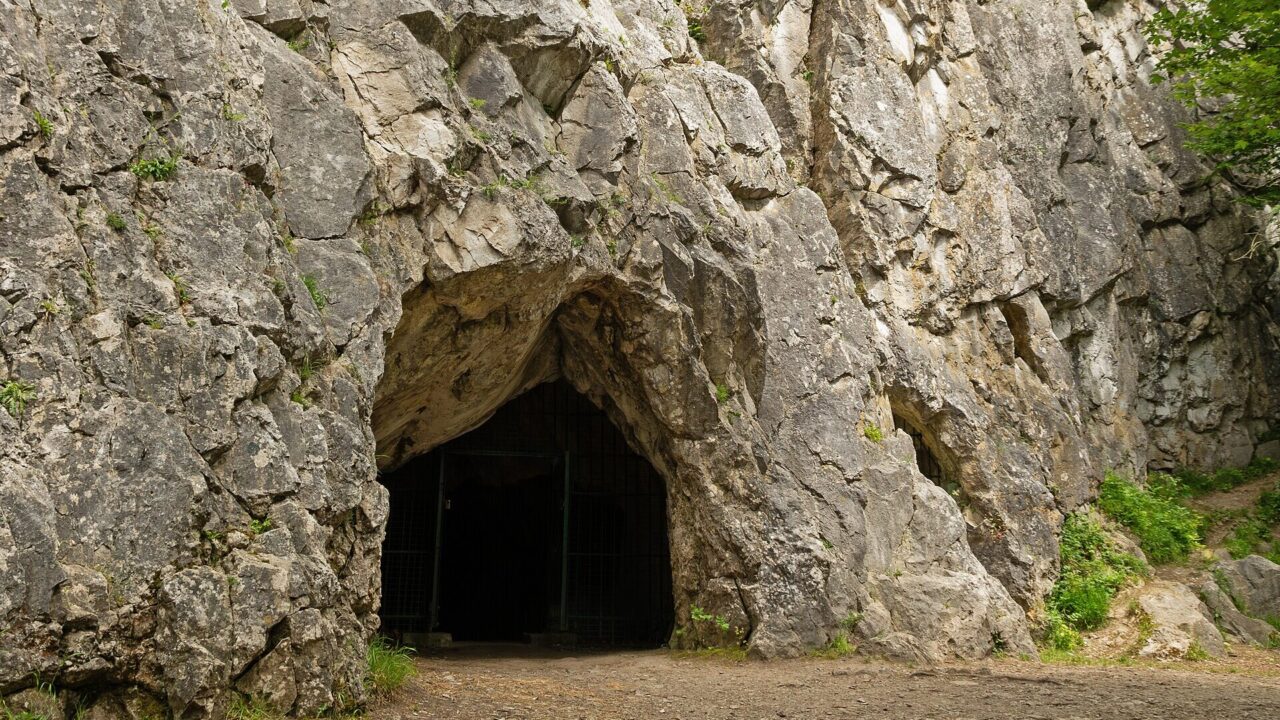 Entrée d’une des grottes de Goyet, ouverte au pied d’une falaise calcaire, en Belgique.