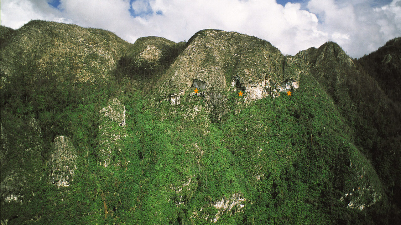 Vue aérienne des monts Marang, à Bornéo, avec les porches de grottes signalés dans la falaise