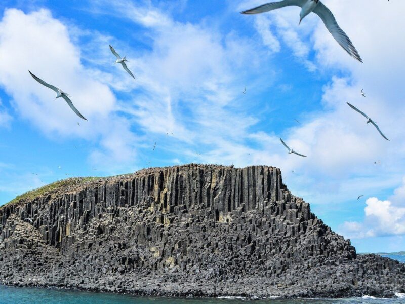 Îlot de colonnes basaltiques de l'archipel des Pescadores, cerné d'une mer turquoise et survolé par des sternes.