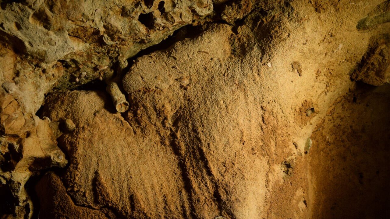 Paroi ocre de la grotte de La Roche-Cotard, parcourue de longues traces parallèles laissées par des doigts.