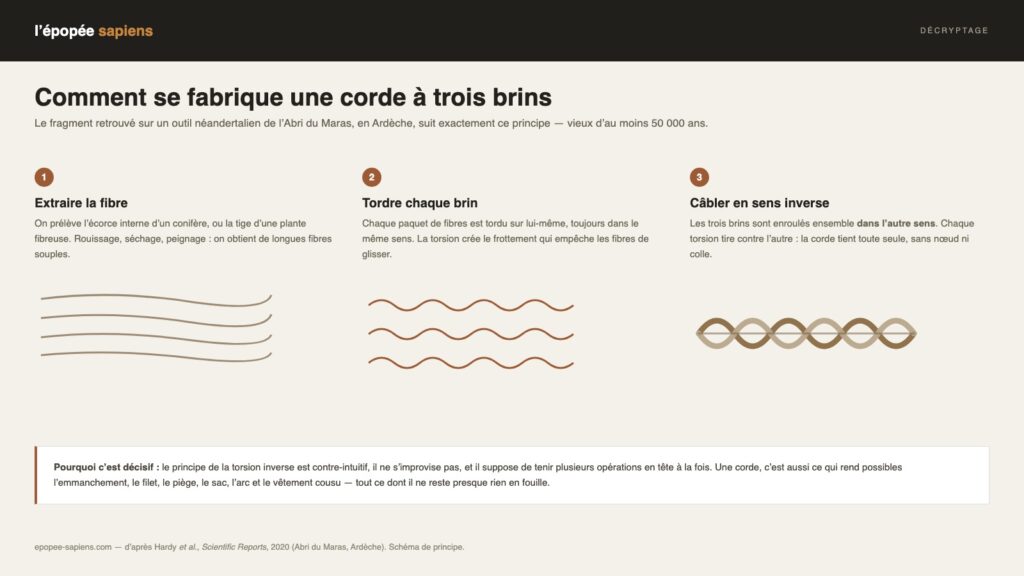 Schéma en trois étapes de la fabrication d’une corde à trois brins