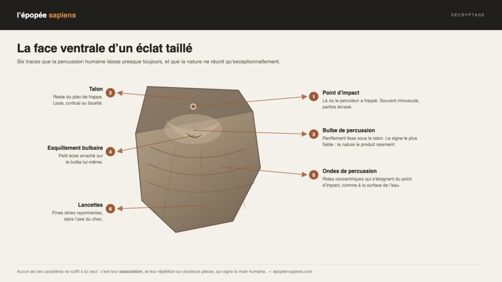 Schéma annoté de la face ventrale d’un éclat de silex taillé