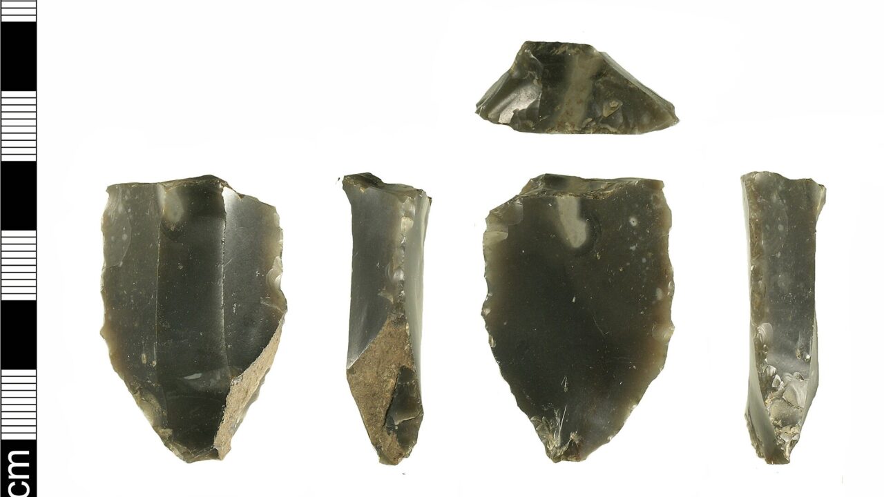 Plusieurs pièces de silex taillé photographiées avec des réglettes d’échelle