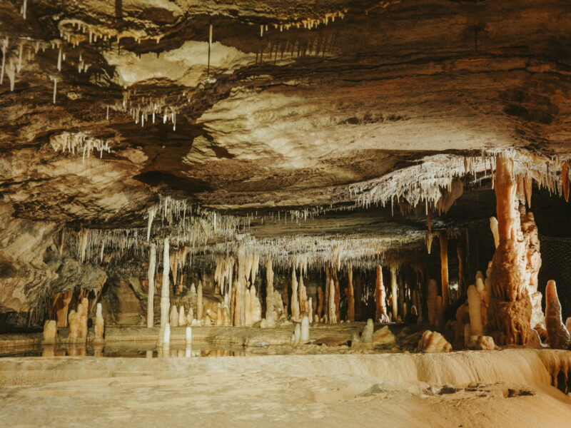 Concrétions dans les grottes de Buchan (Victoria, Australie). Cloggs Cave s’ouvre dans le même karst calcaire, à quelques kilomètres ; elle n’est pas ouverte au public et ne figure pas sur cette vue.