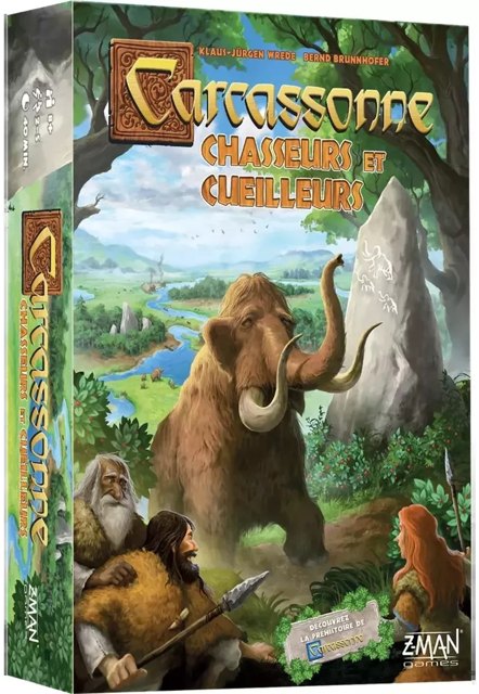 La boîte du jeu Carcassonne Chasseurs et cueilleurs, un mammouth et un chasseur au bord d'un lac.