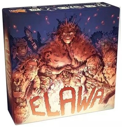 La boîte du jeu Elawa, un grand personnage préhistorique sur fond rouge.