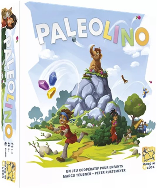 La boîte du jeu Paleolino, une montagne et deux enfants préhistoriques.