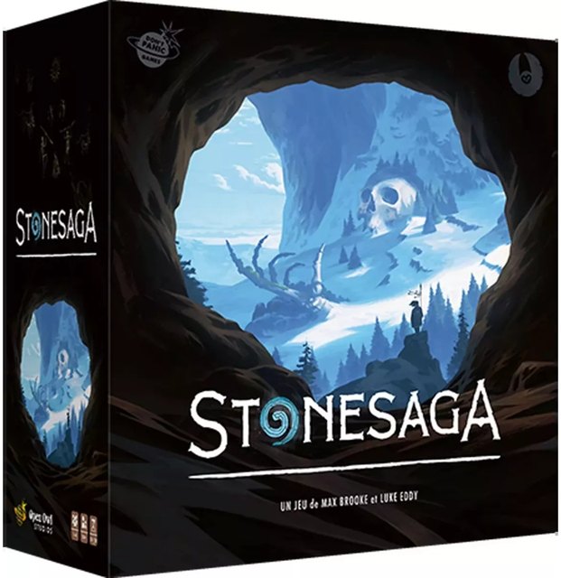 La boîte du jeu Stonesaga, l'entrée d'une grotte ouverte sur un paysage enneigé.