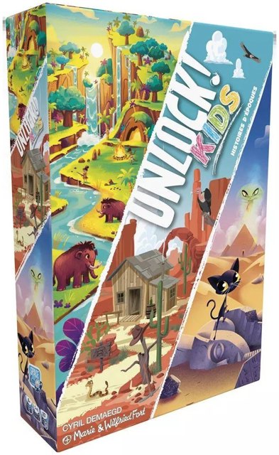 La boîte du jeu Unlock Kids Histoires d'époques, trois décors d'époques différentes.