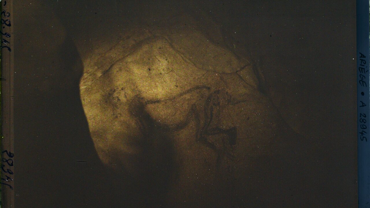 Le « Sorcier » de la grotte des Trois-Frères photographié en couleurs en 1921, éclairé à la lampe sur la paroi du Sanctuaire